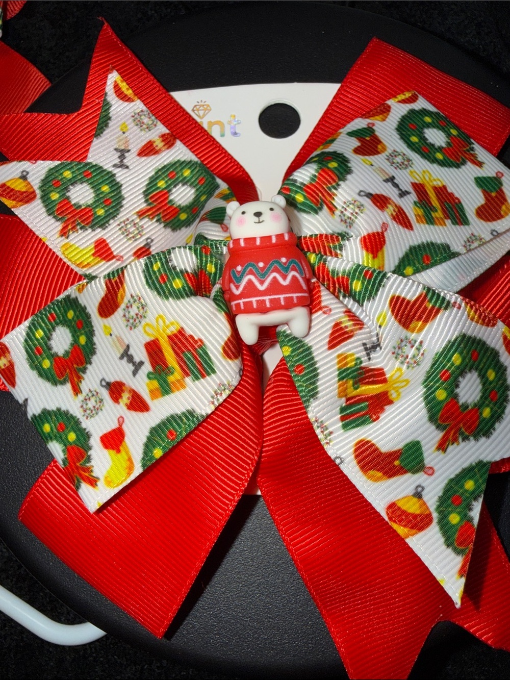 Kids Holiday Bow Hair Clip - Red & White Christmas Wreath Print